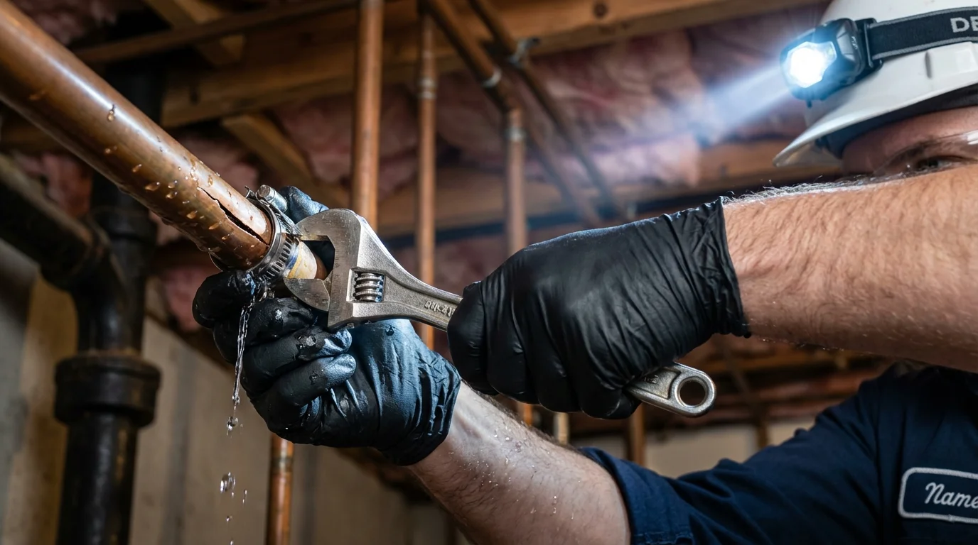 Emergency pipe clamp repair being performed by a Johns Plumbing LLC plumber in Wellfleet