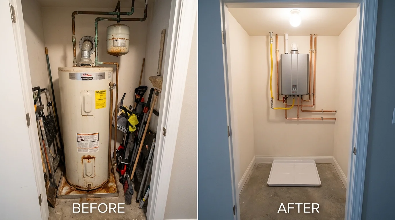 Tank water heater versus wall-mounted tankless unit comparison for Wellfleet, MA homeowners
