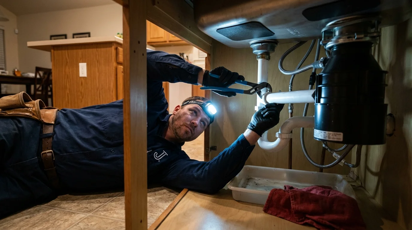 P-trap and supply line connections under a kitchen sink showing a common leak point in Wellfleet, MA
